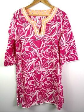 Lilly Pulitzer Bright Pink Shell-Print Tunic with Peach Trim size L